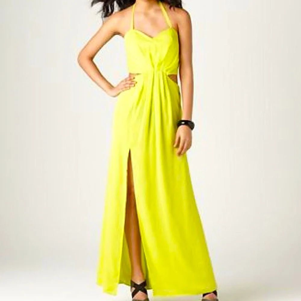 BCBGeneration Neon Green Side Cutouts Halter Tie Maxi Dress